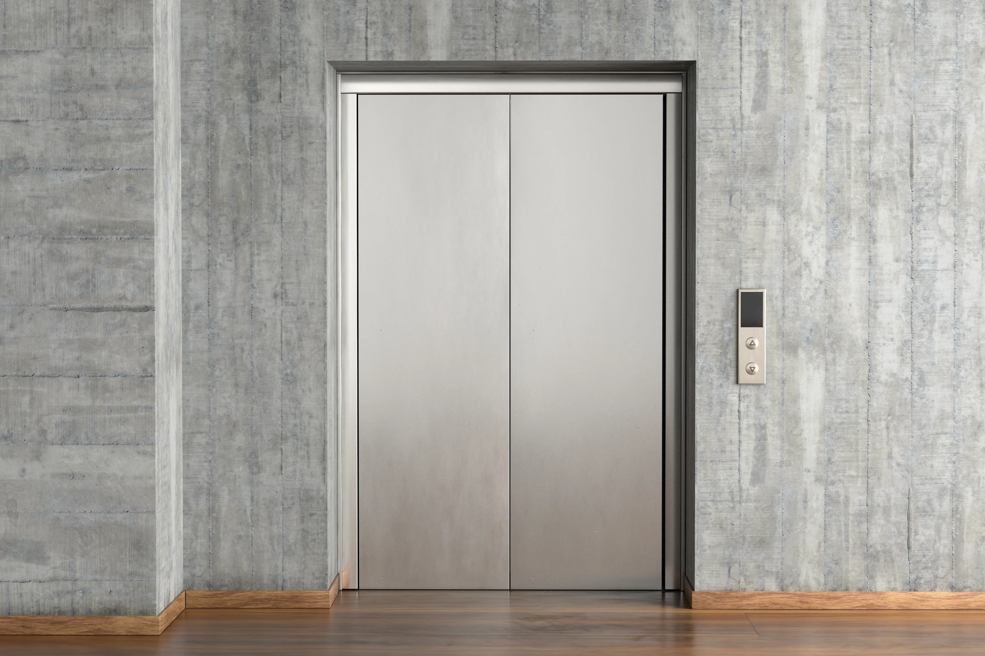 Hall d'entrée moderne avec deux ascenseurs fermés aux portes blanches et encadrements métalliques